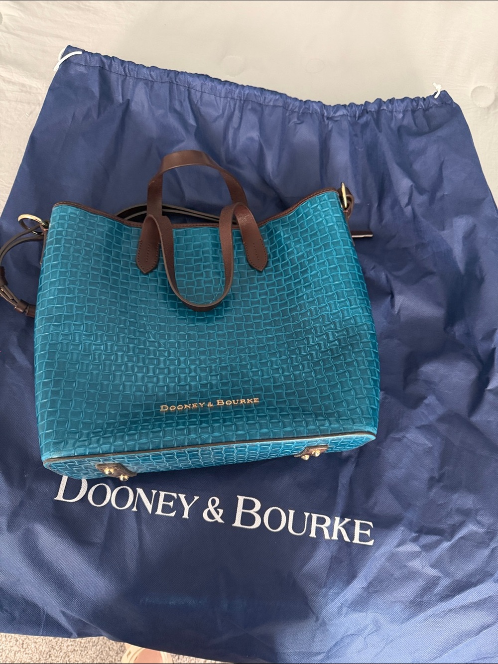 Dooney & Bourke Teal Woven Tote with Brown Handles